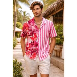 Vatpave Mens Shirt Medium Striped Cheetah Tropical Vacation Resortwear Camp